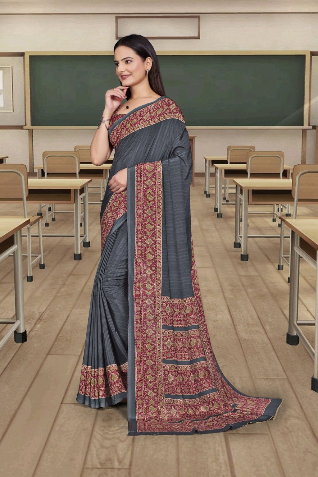 Grey Crepe Reception Staff Uniform Saree - FeministaCrepe