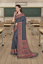 Grey Crepe Reception Staff Uniform Saree - FeministaCrepe