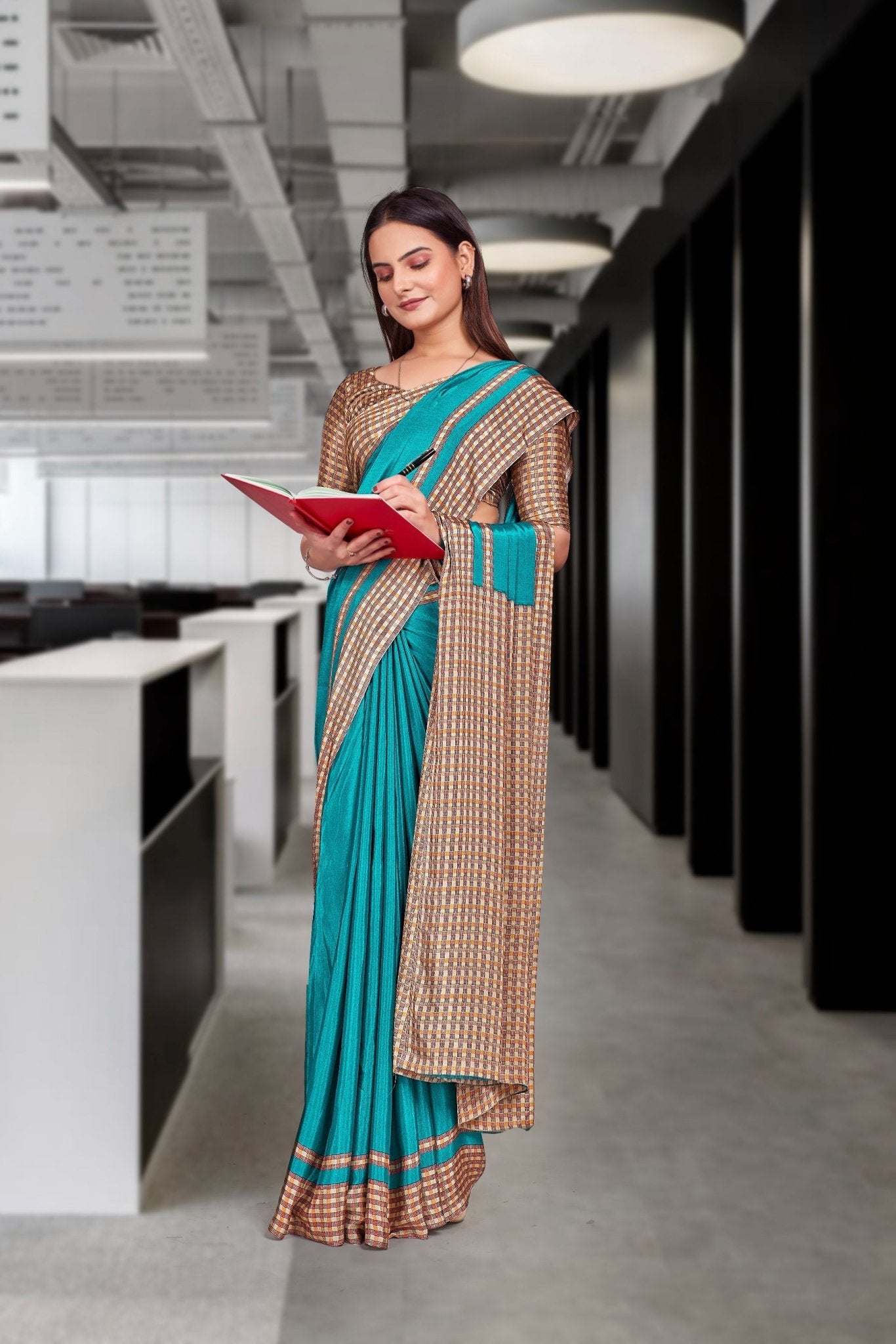Blue Crepe Professional Teacher Saree - FeministaCrepe