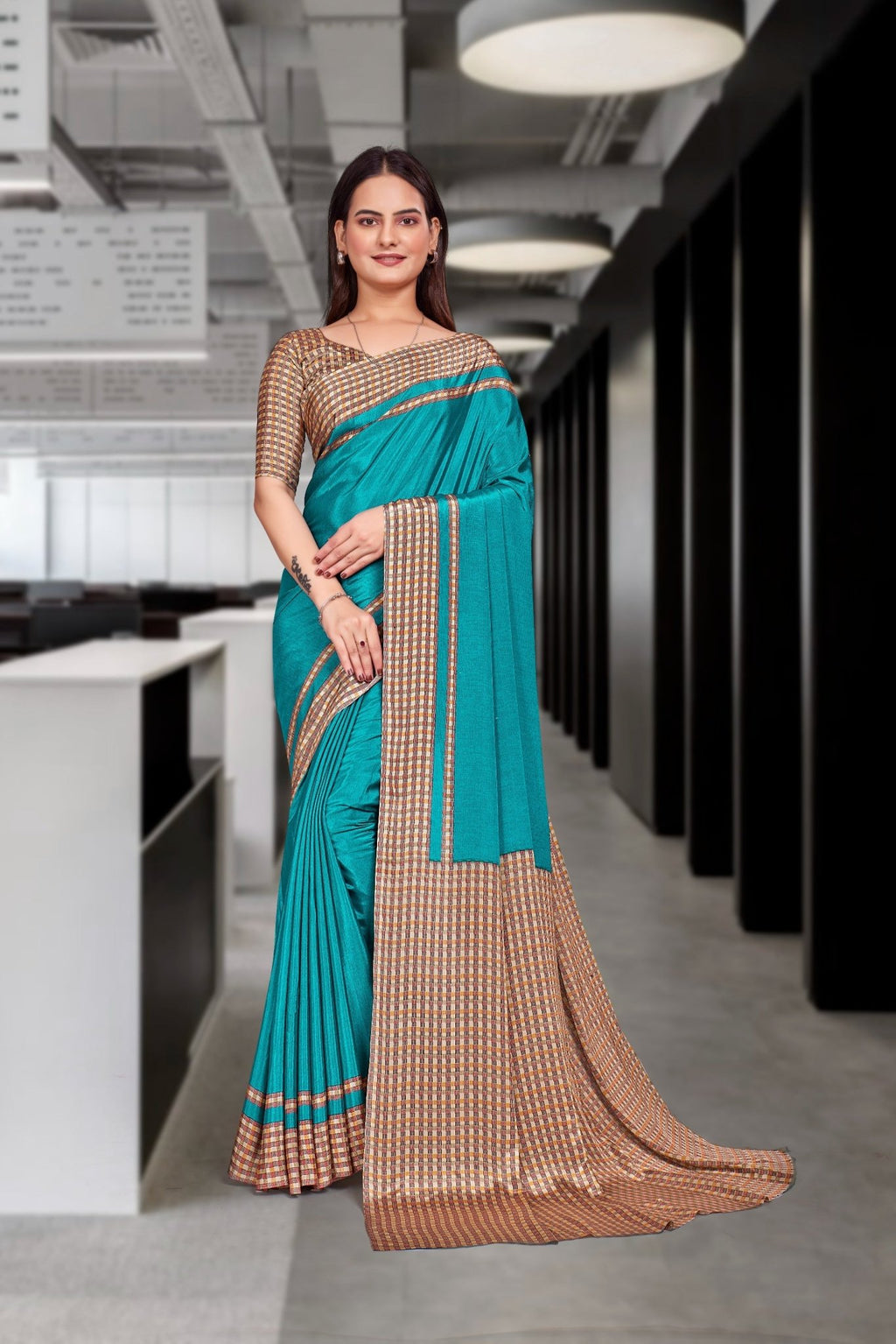 Blue Crepe Professional Teacher Saree - FeministaCrepe