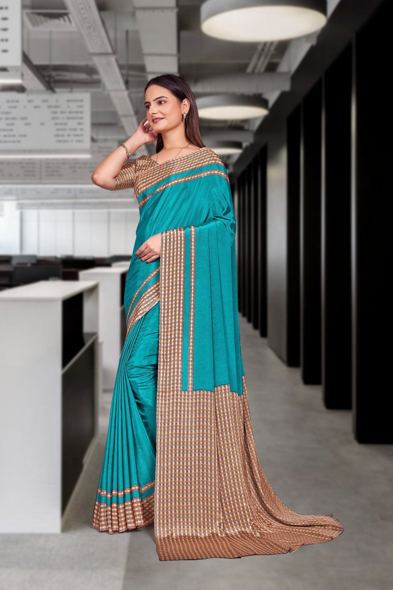 Blue Crepe Professional Teacher Saree - FeministaCrepe
