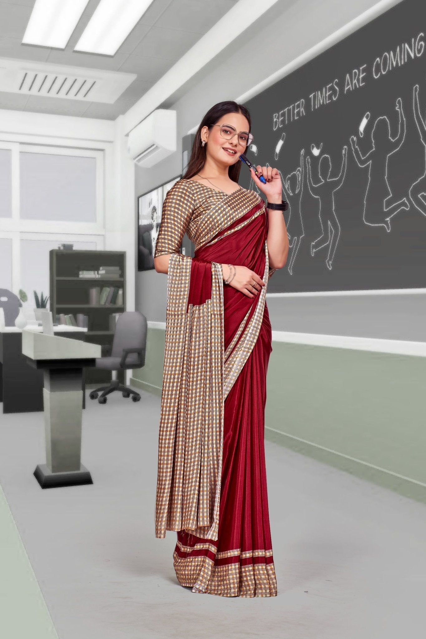 Maroon Crepe Professional Saree for Educators - FeministaCrepe