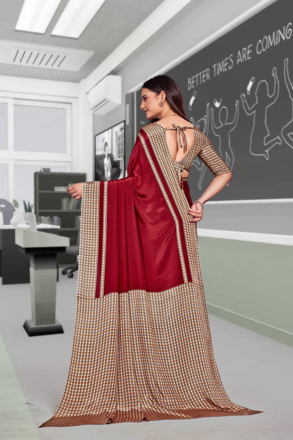 Maroon Crepe Professional Saree for Educators - FeministaCrepe