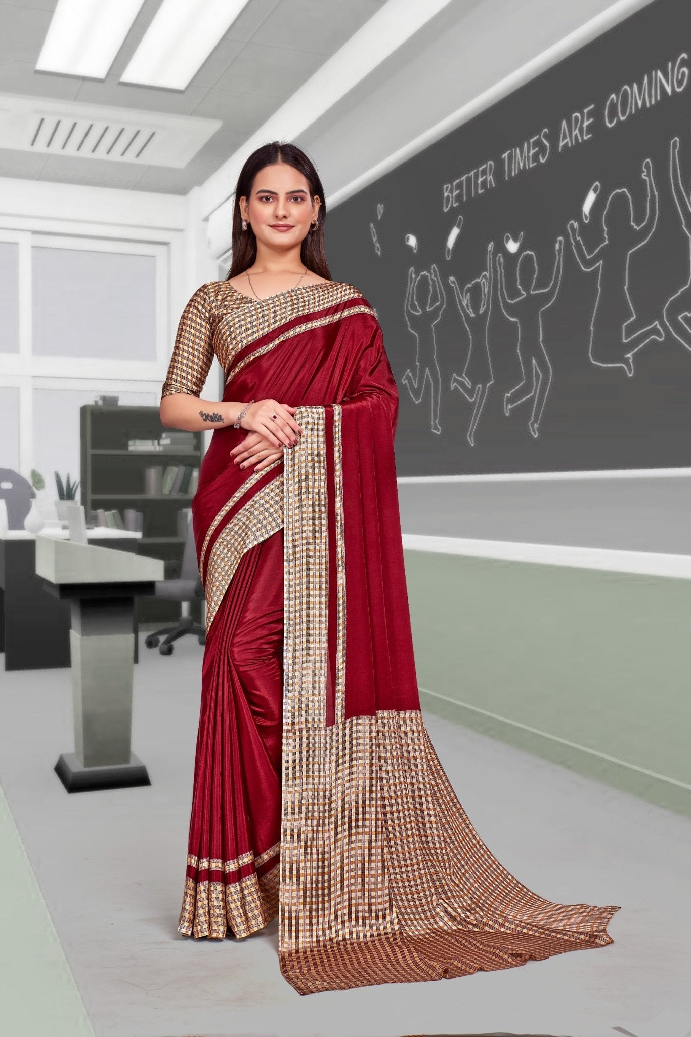 Maroon Crepe Professional Saree for Educators - FeministaCrepe