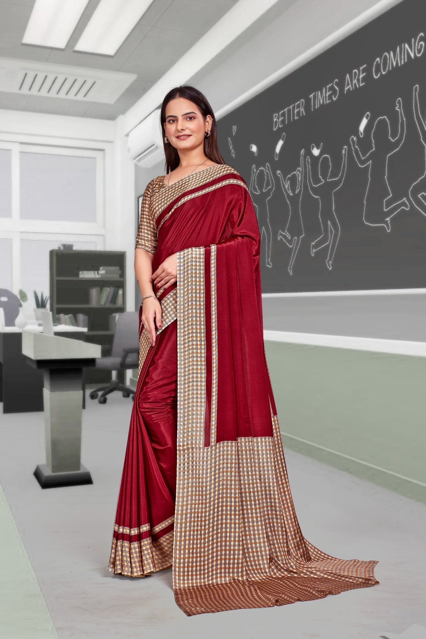 Maroon Crepe Professional Saree for Educators - FeministaCrepe