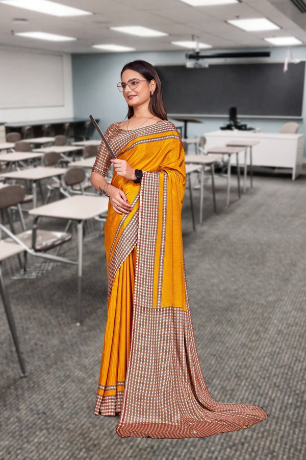 Mustard Crepe Workplace Uniform Saree - FeministaCrepe