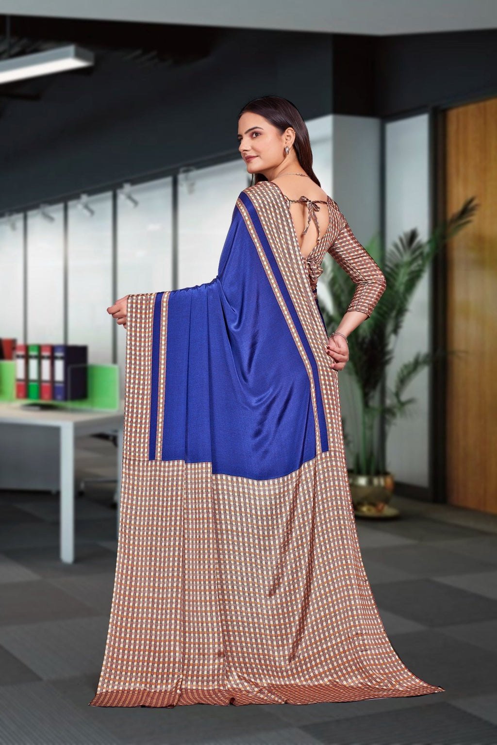 Dark Blue Crepe Business Saree for Professionals - FeministaCrepe