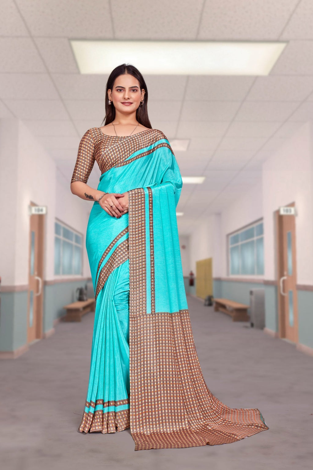Blue Crepe Professional Saree for Educators - FeministaCrepe