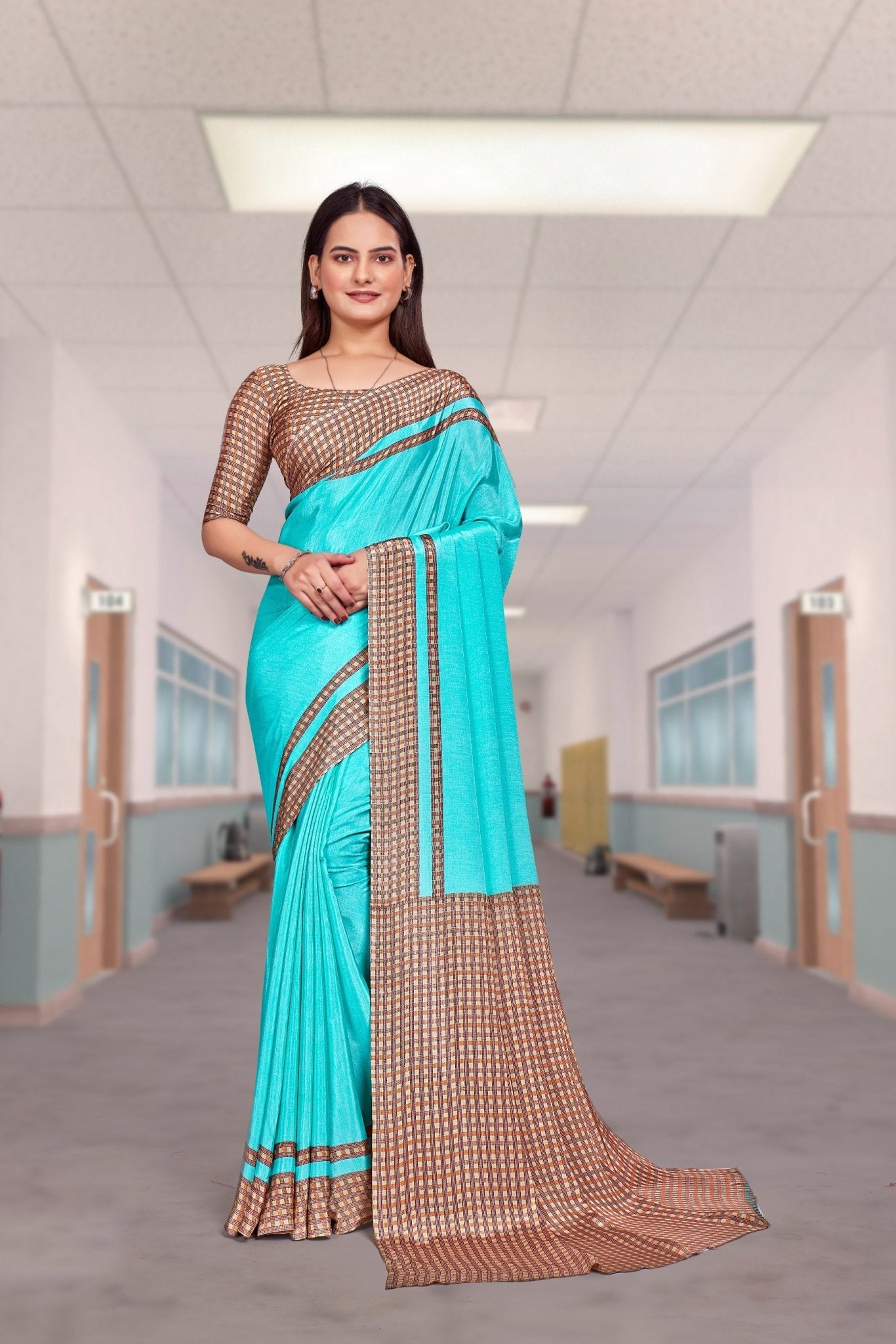 Blue Crepe Professional Saree for Educators - FeministaCrepe