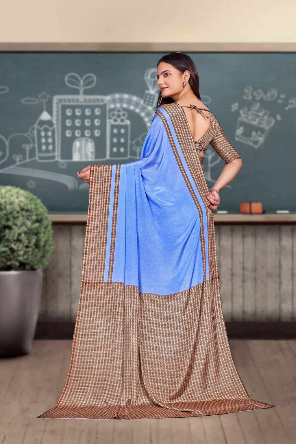 Blue Crepe Professional Office Saree - FeministaCrepe