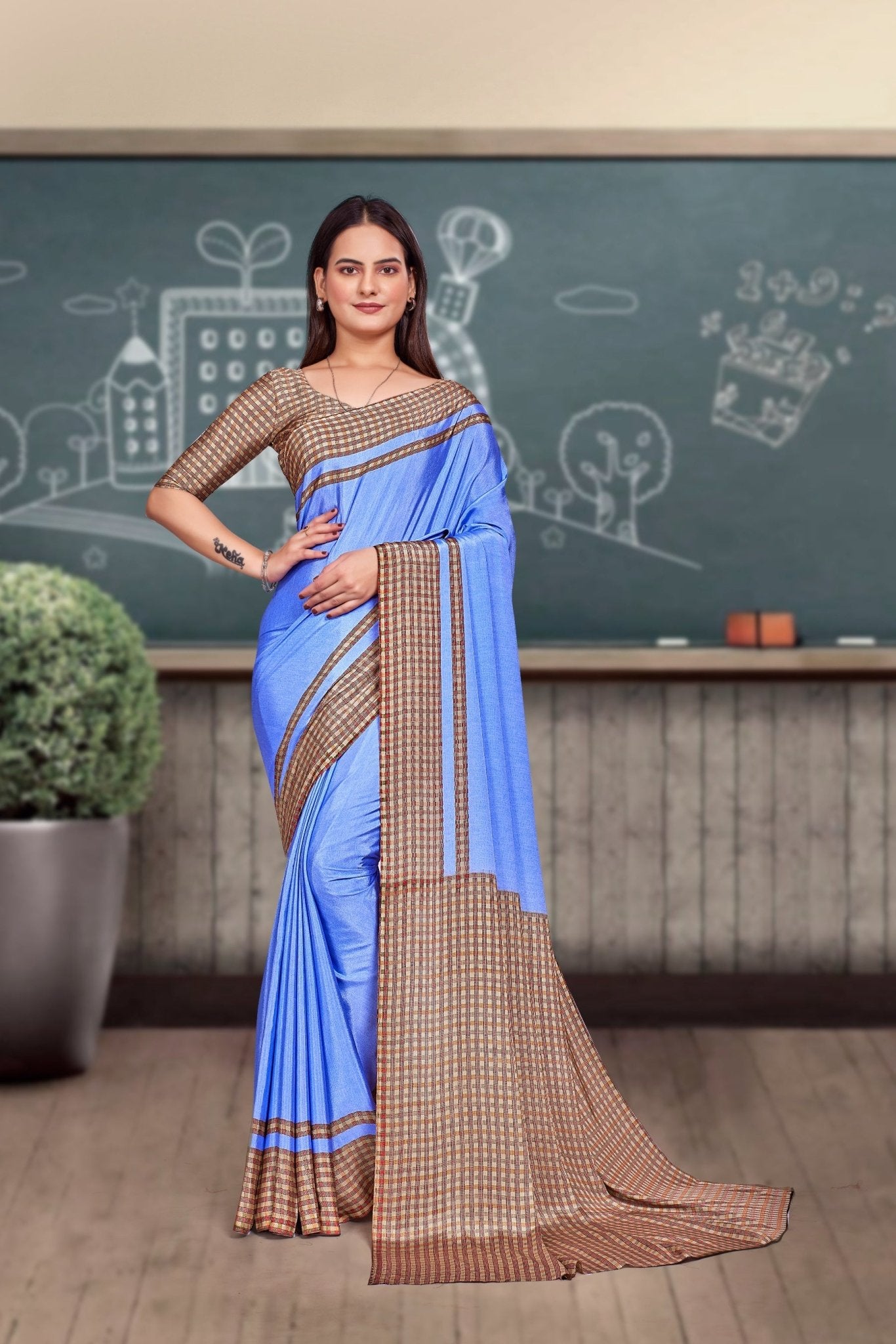Blue Crepe Professional Office Saree - FeministaCrepe
