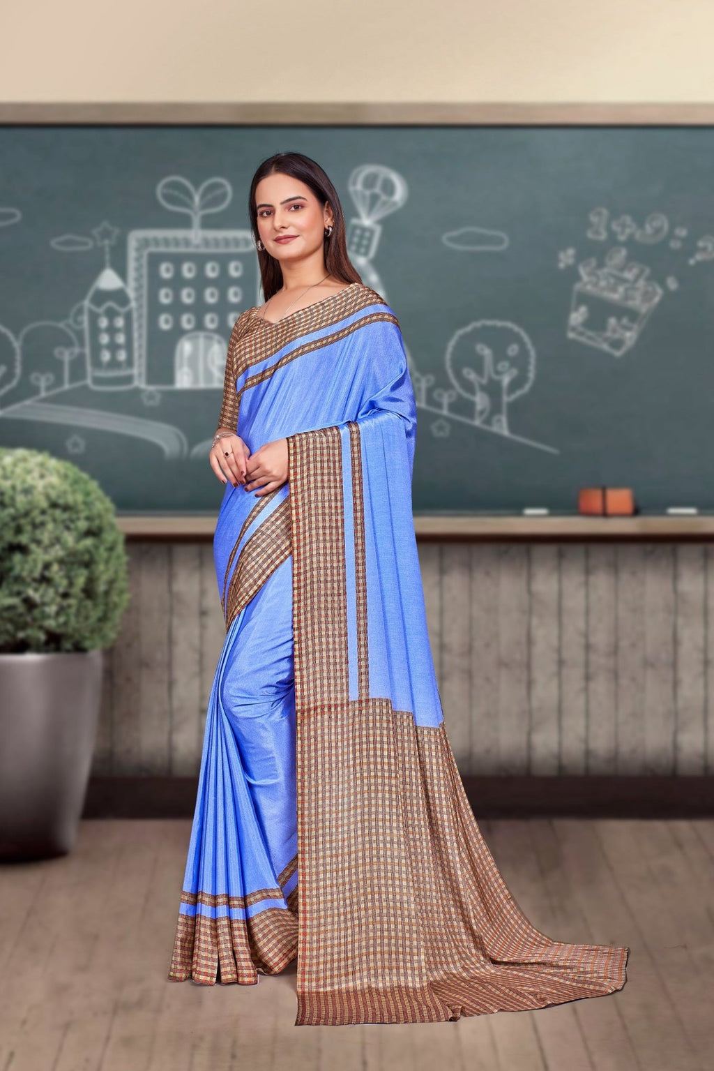 Blue Crepe Professional Office Saree - FeministaCrepe