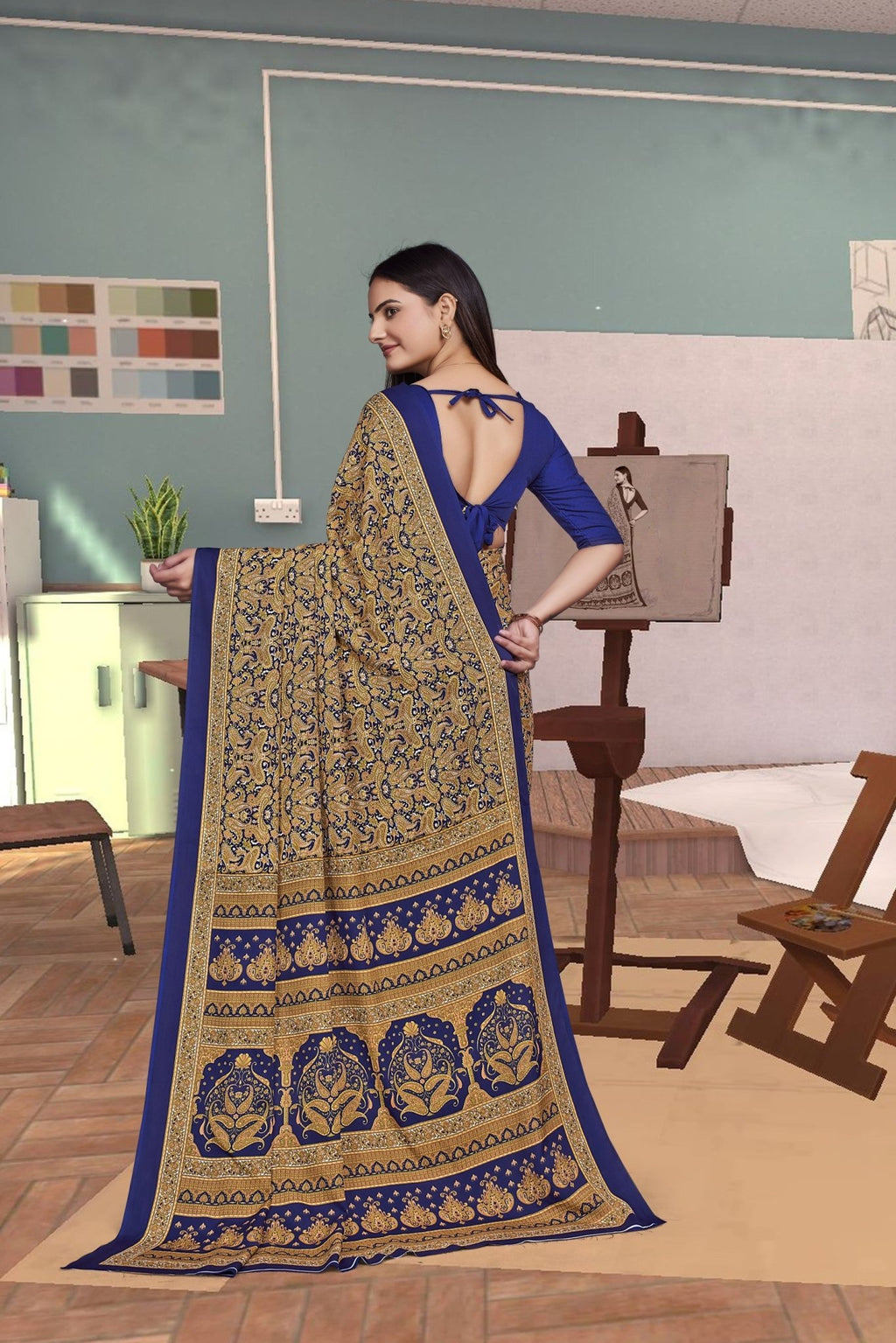 Gold Crepe Workplace Formal Saree - FeministaCrepe