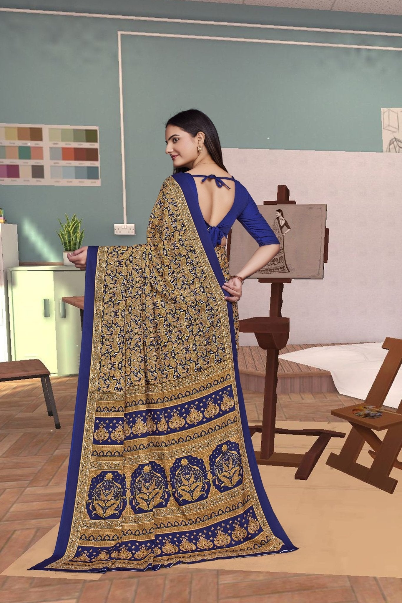Gold Crepe Workplace Formal Saree - FeministaCrepe
