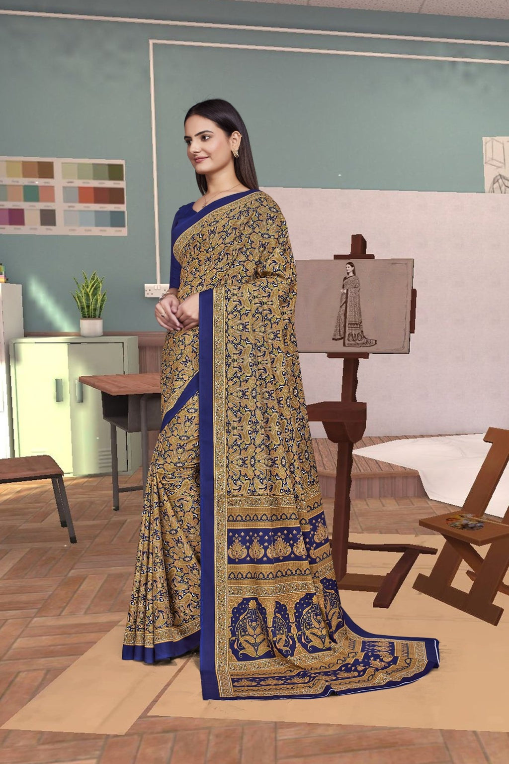 Gold Crepe Workplace Formal Saree - FeministaCrepe