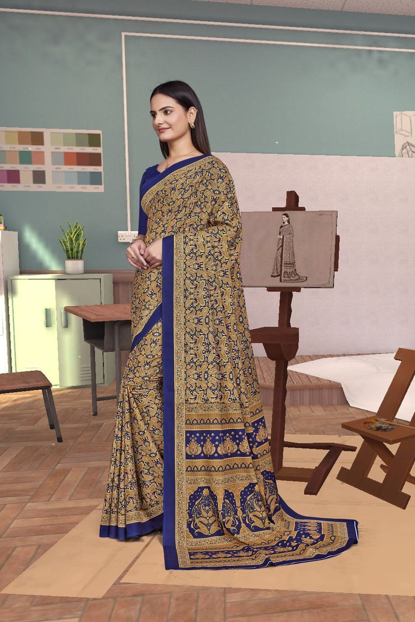 Gold Crepe Workplace Formal Saree - FeministaCrepe