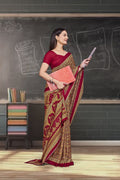 Red Crepe Work Wear Saree for Teachers - FeministaCrepe