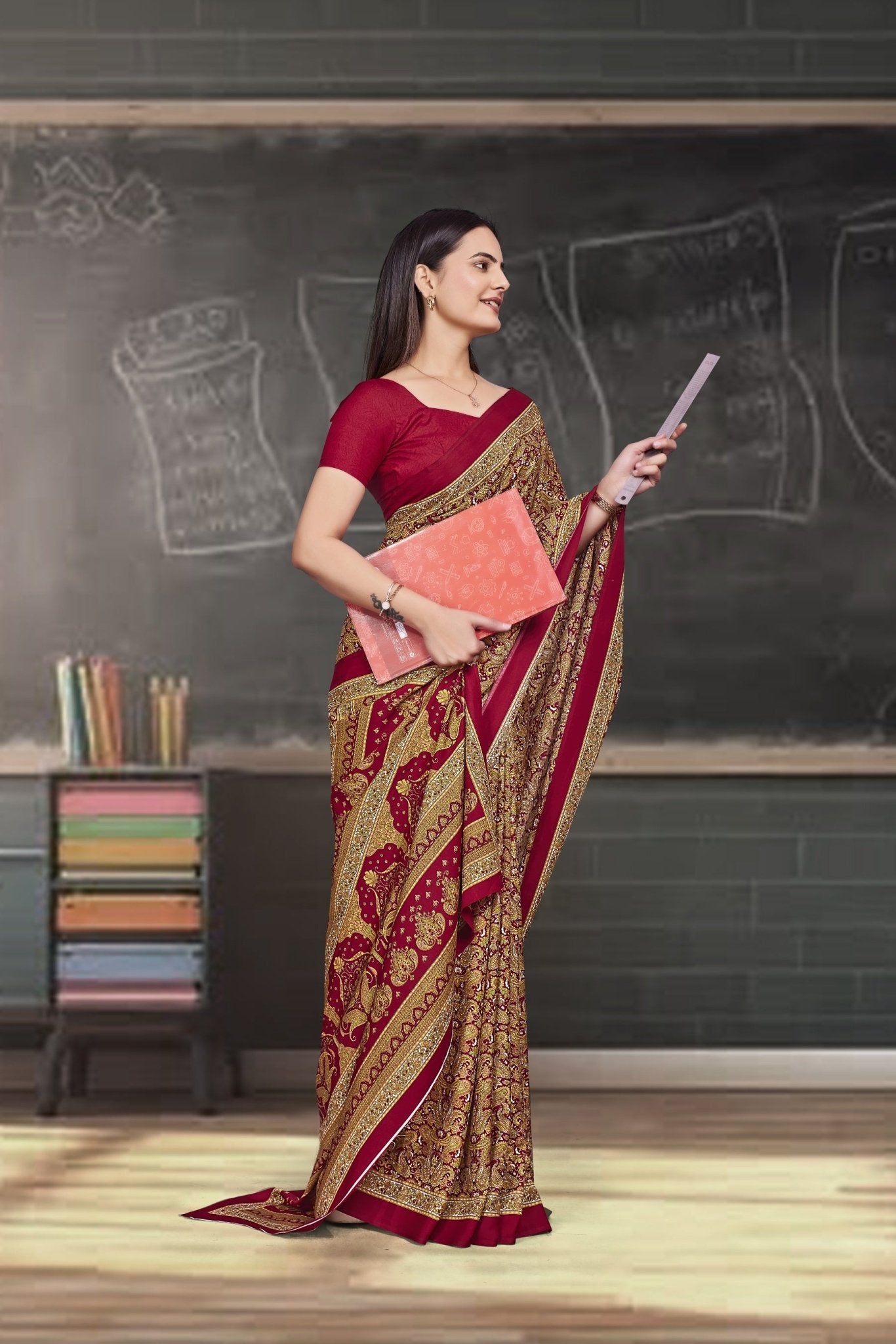 Red Crepe Work Wear Saree for Teachers - FeministaCrepe