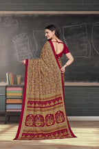 Red Crepe Work Wear Saree for Teachers - FeministaCrepe