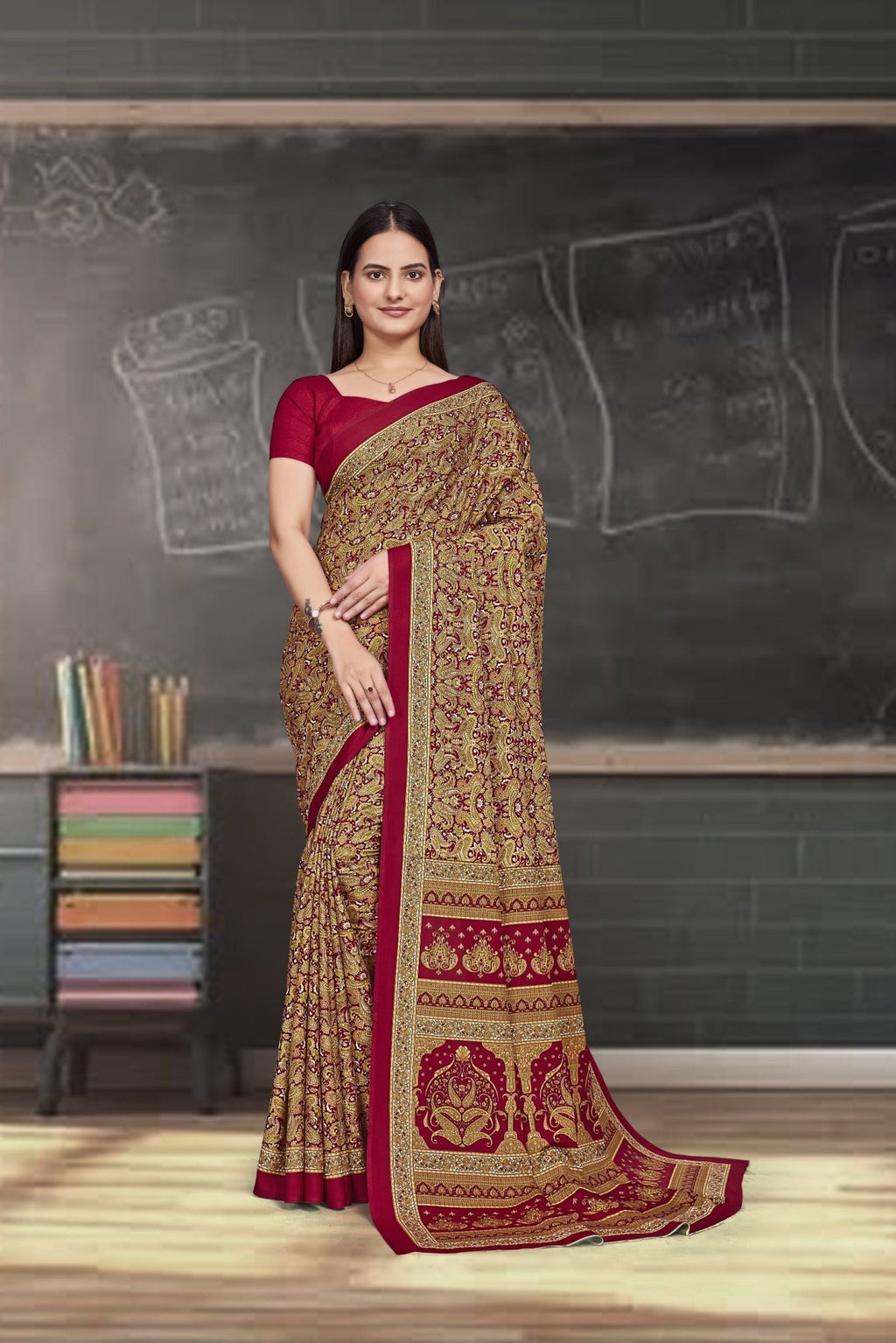 Red Crepe Work Wear Saree for Teachers - FeministaCrepe