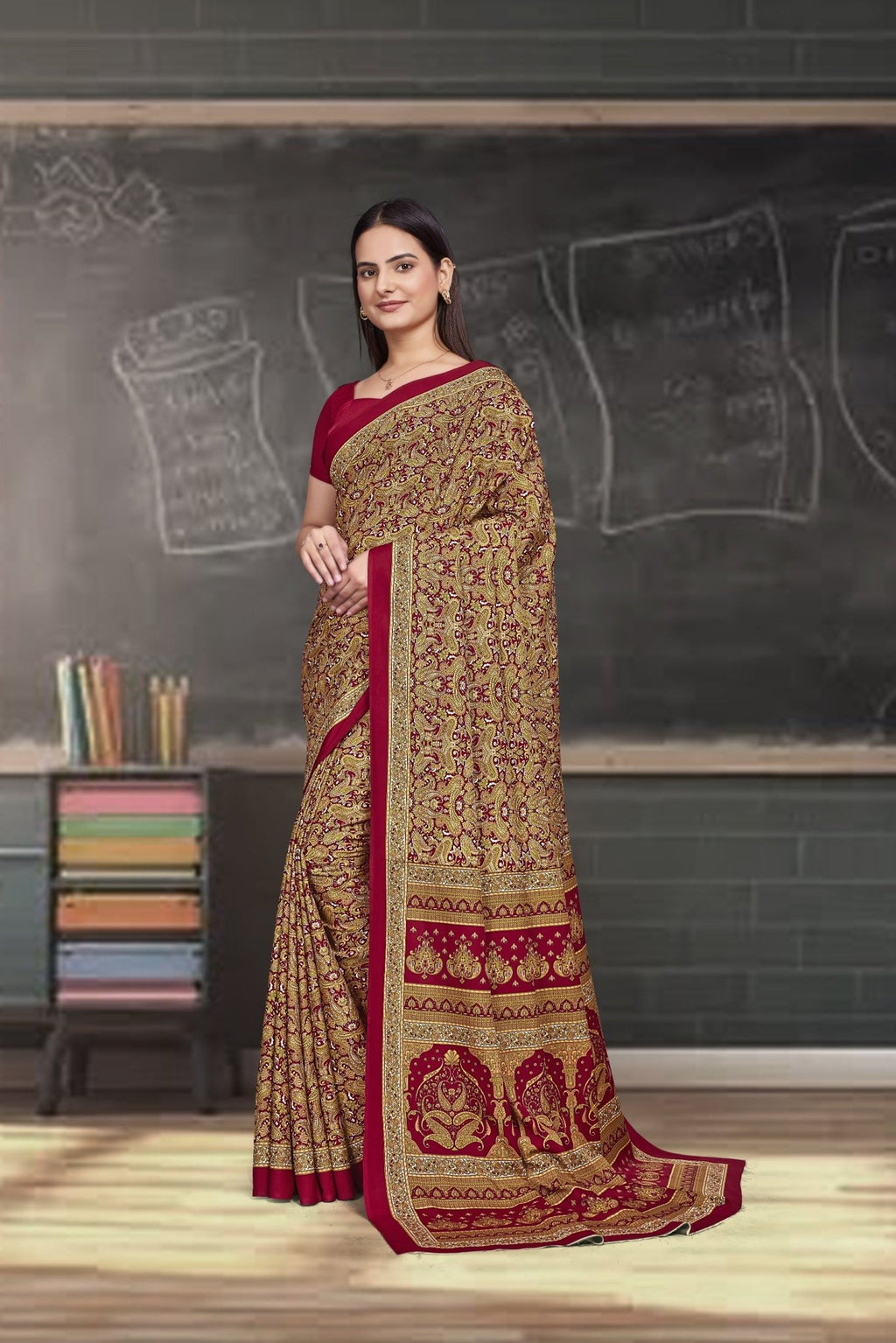 Red Crepe Work Wear Saree for Teachers - FeministaCrepe
