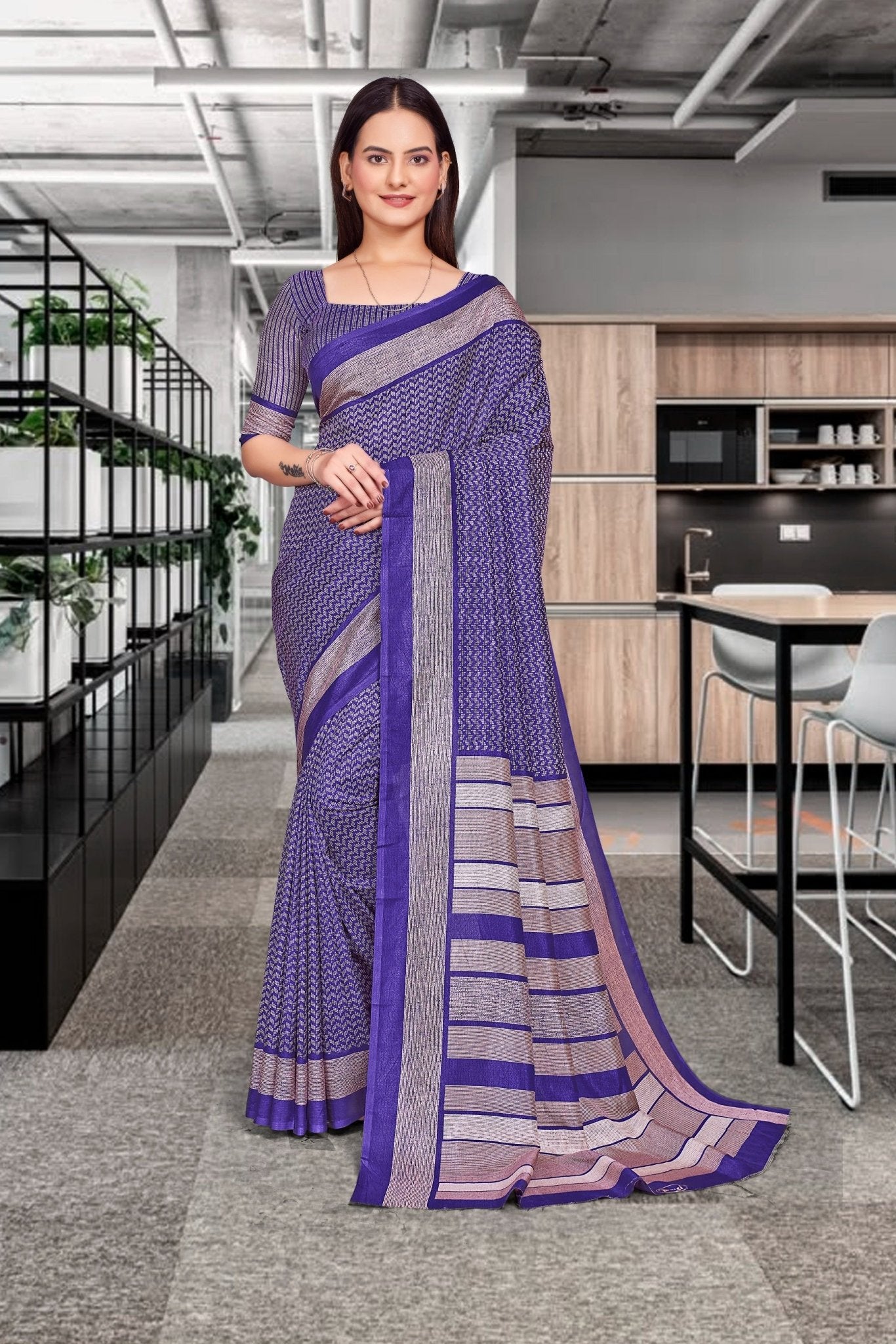 Dark Blue Crepe School Uniform Saree for Teachers - FeministaCrepe
