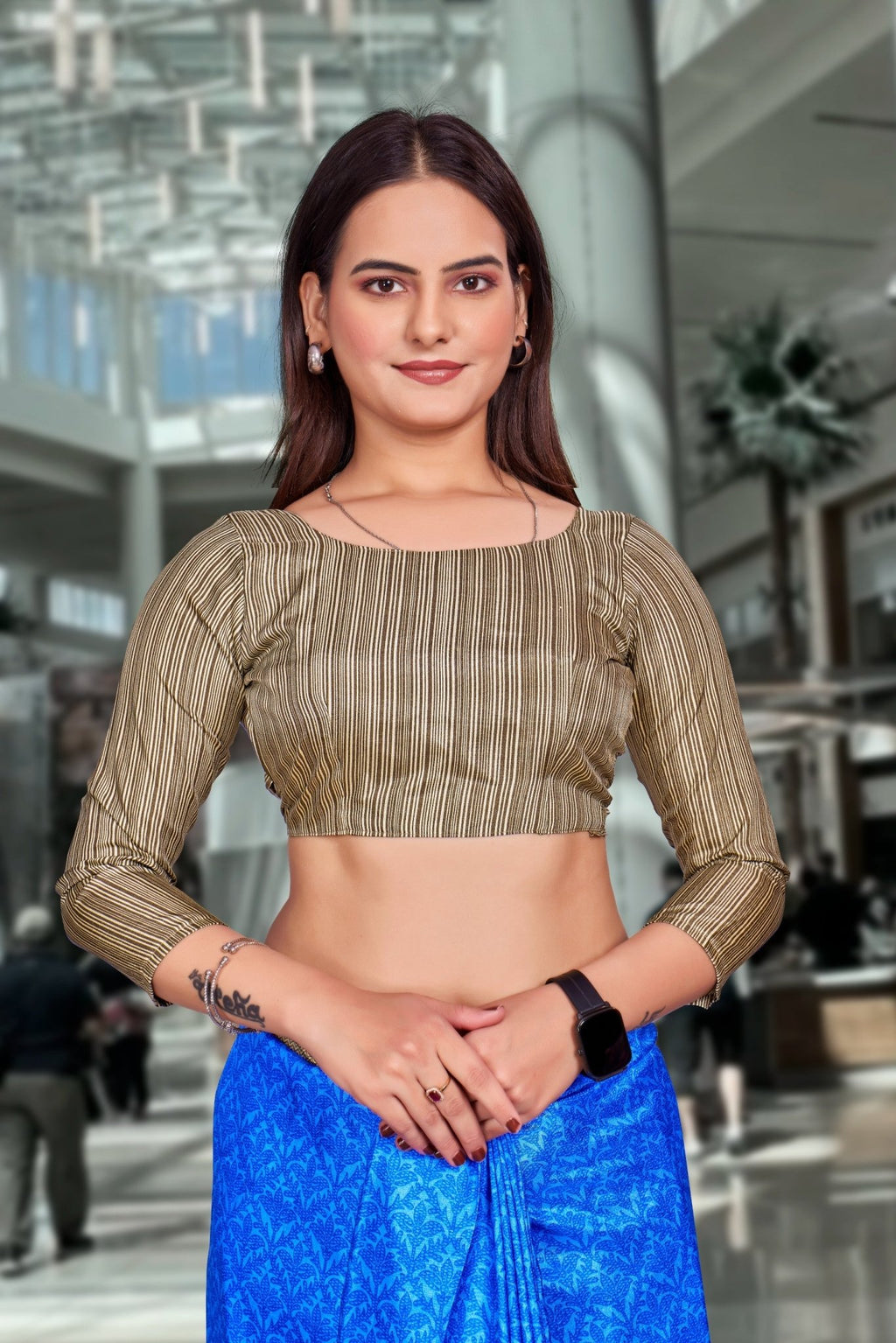 Blue Crepe Workplace Uniform Saree - FeministaCrepe