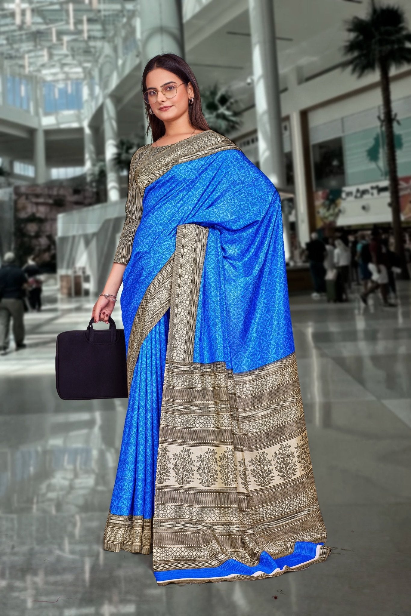 Blue Crepe Workplace Uniform Saree - FeministaCrepe