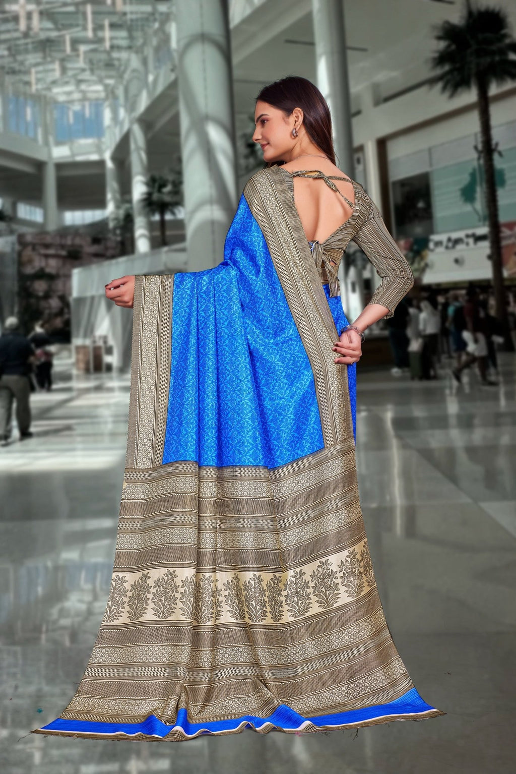 Blue Crepe Workplace Uniform Saree - FeministaCrepe