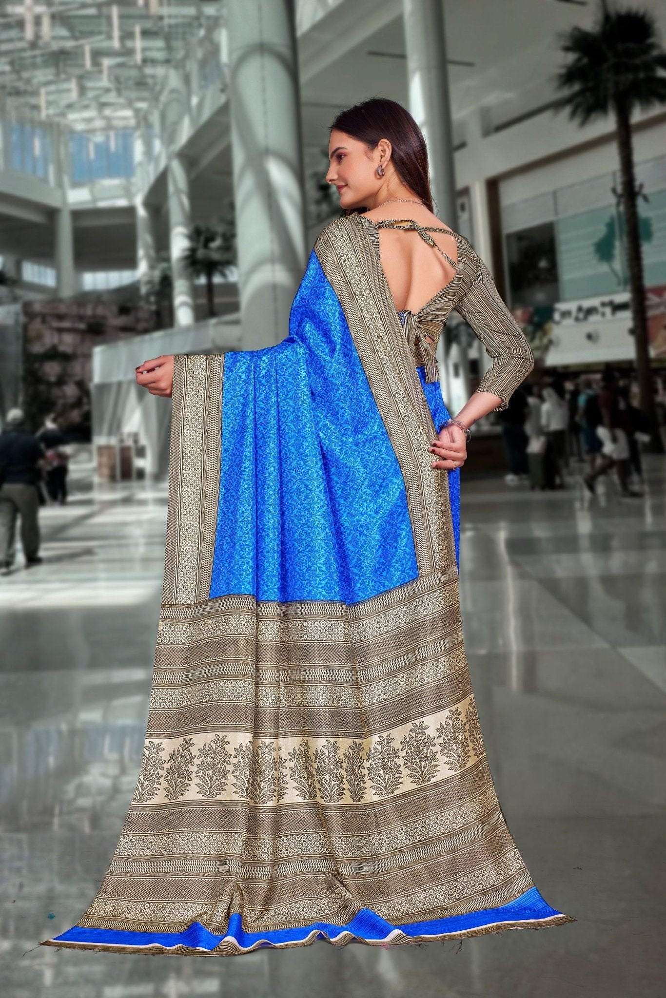 Blue Crepe Workplace Uniform Saree - FeministaCrepe