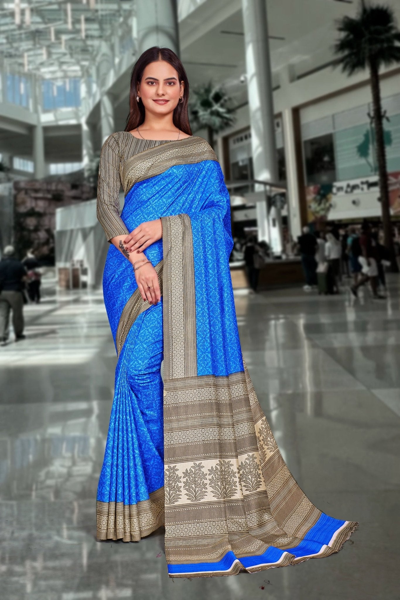 Blue Crepe Workplace Uniform Saree - FeministaCrepe