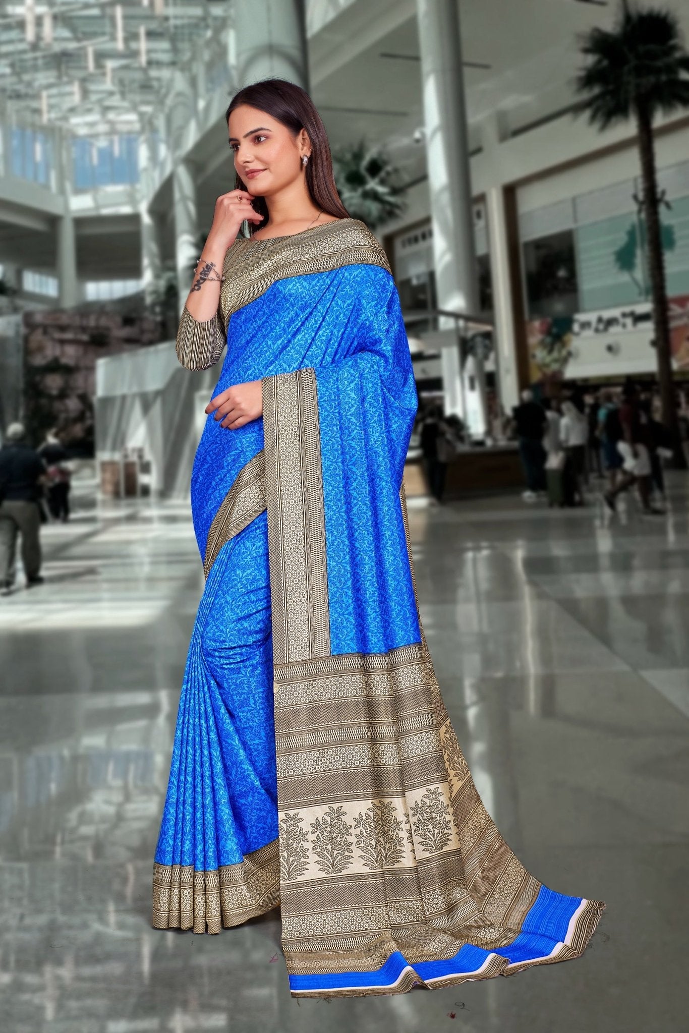 Blue Crepe Workplace Uniform Saree - FeministaCrepe