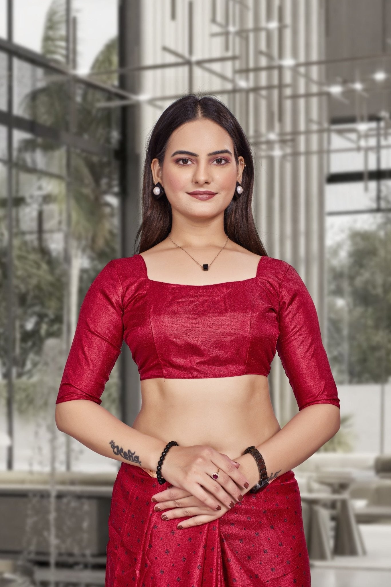 Red Crepe Workplace Formal Saree - FeministaCrepe