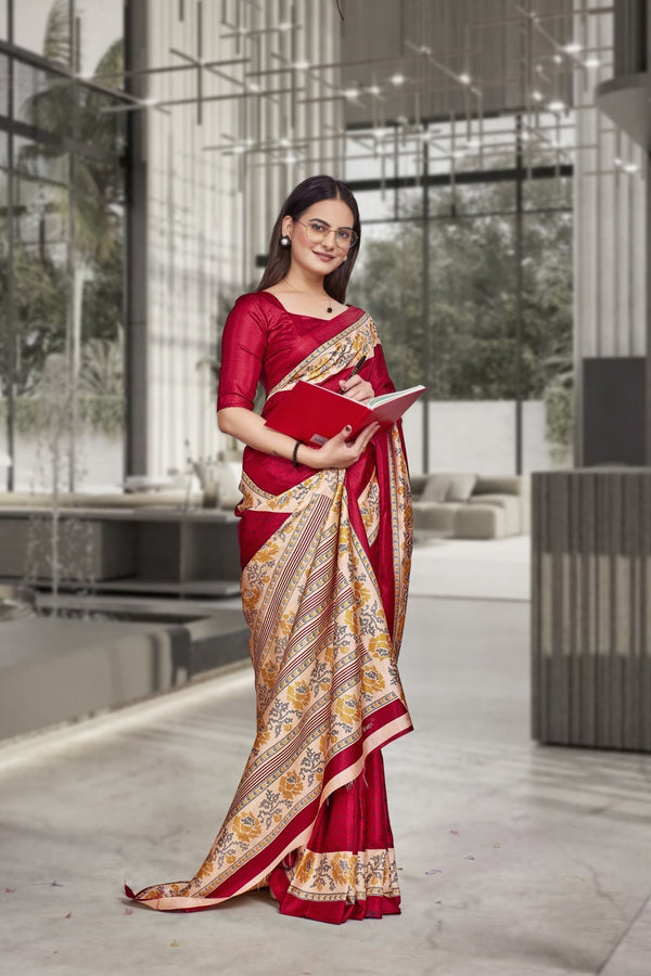 Red Crepe Workplace Formal Saree - FeministaCrepe