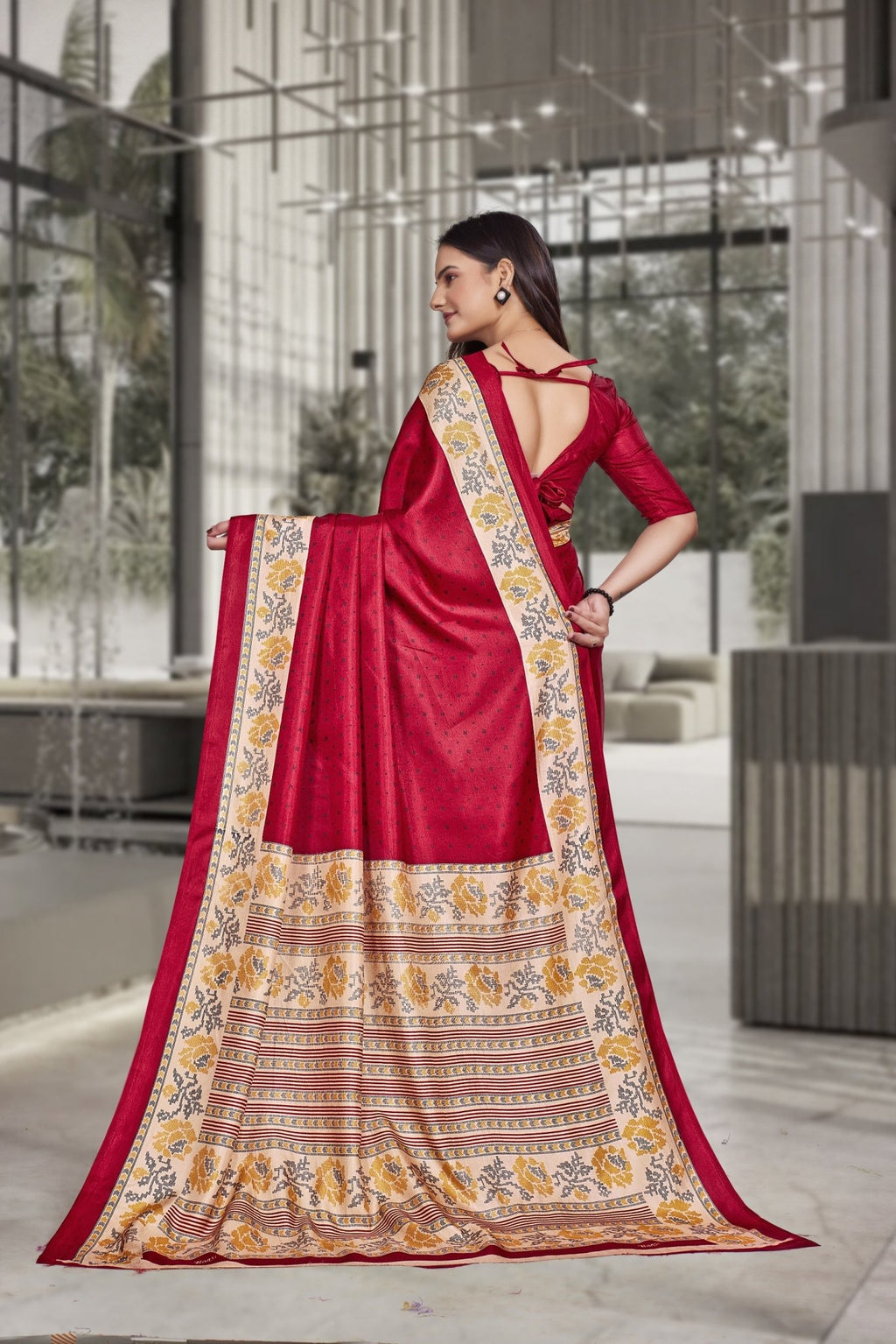 Red Crepe Workplace Formal Saree - FeministaCrepe