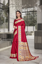Red Crepe Workplace Formal Saree - FeministaCrepe