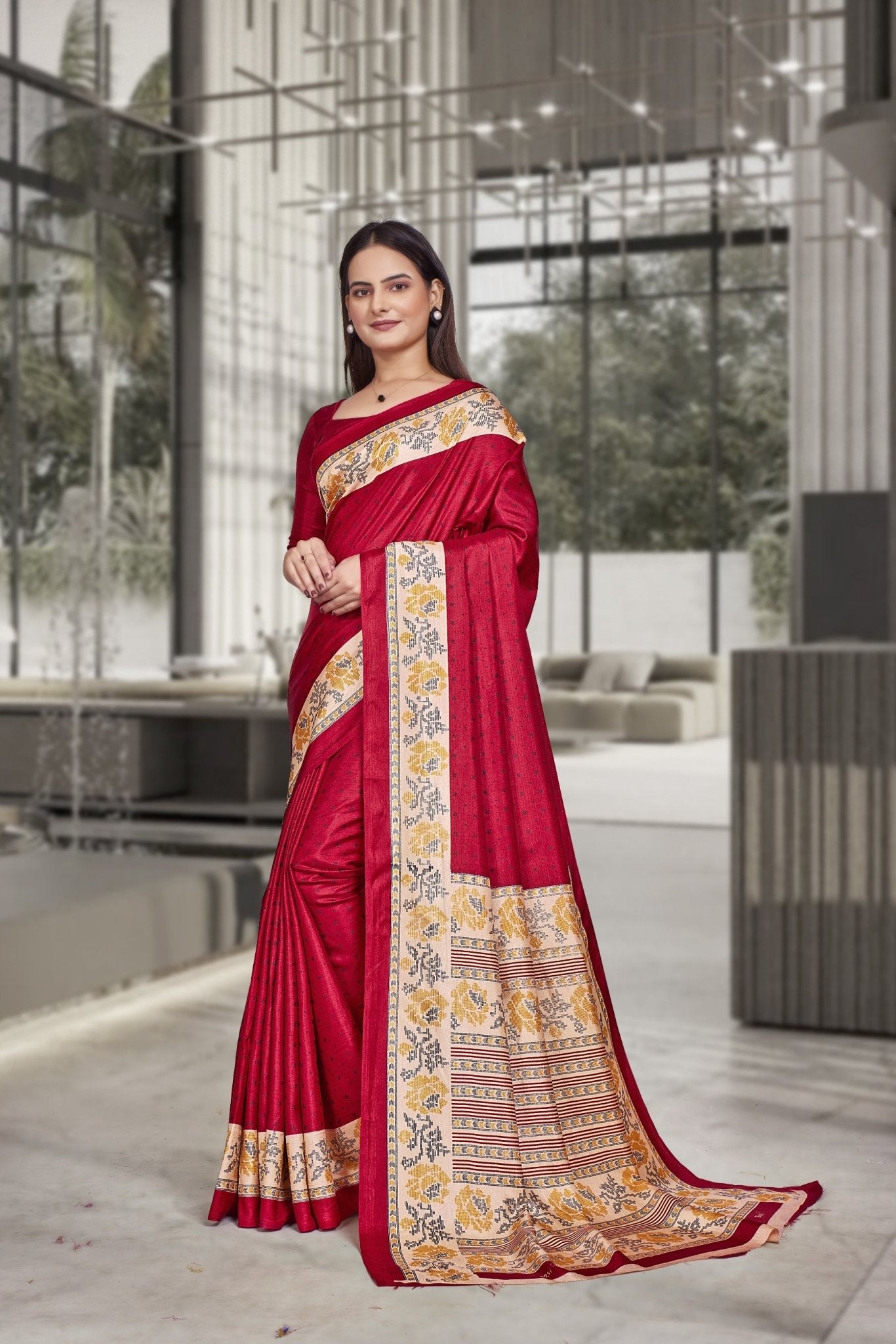 Red Crepe Workplace Formal Saree - FeministaCrepe