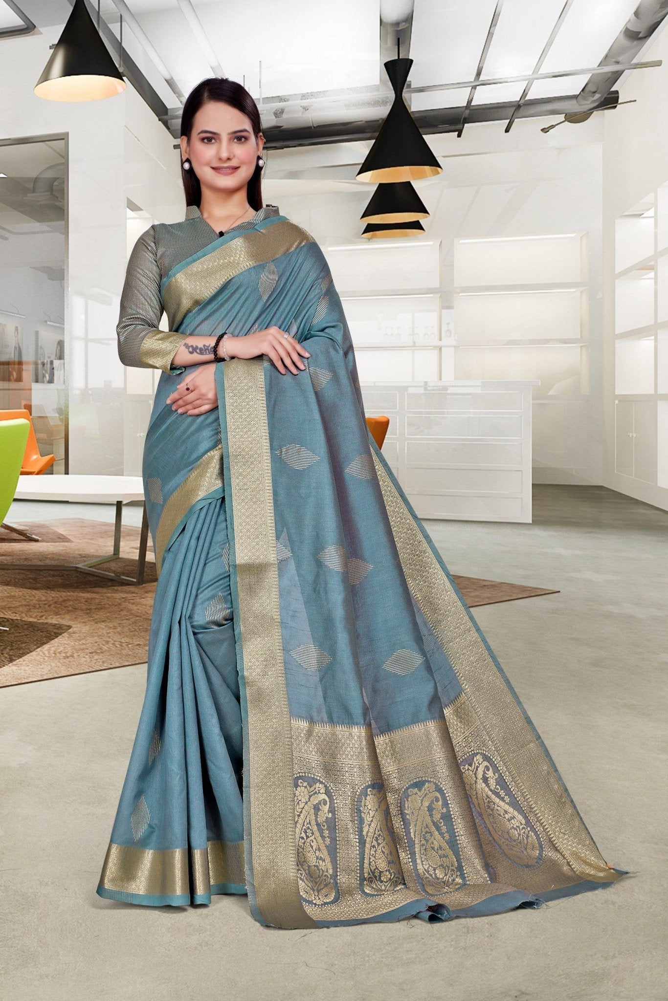 Blue Cotton Silk Workplace Uniform Saree - FeministaCotton Silk