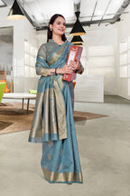 Blue Cotton Silk Workplace Uniform Saree - FeministaCotton Silk