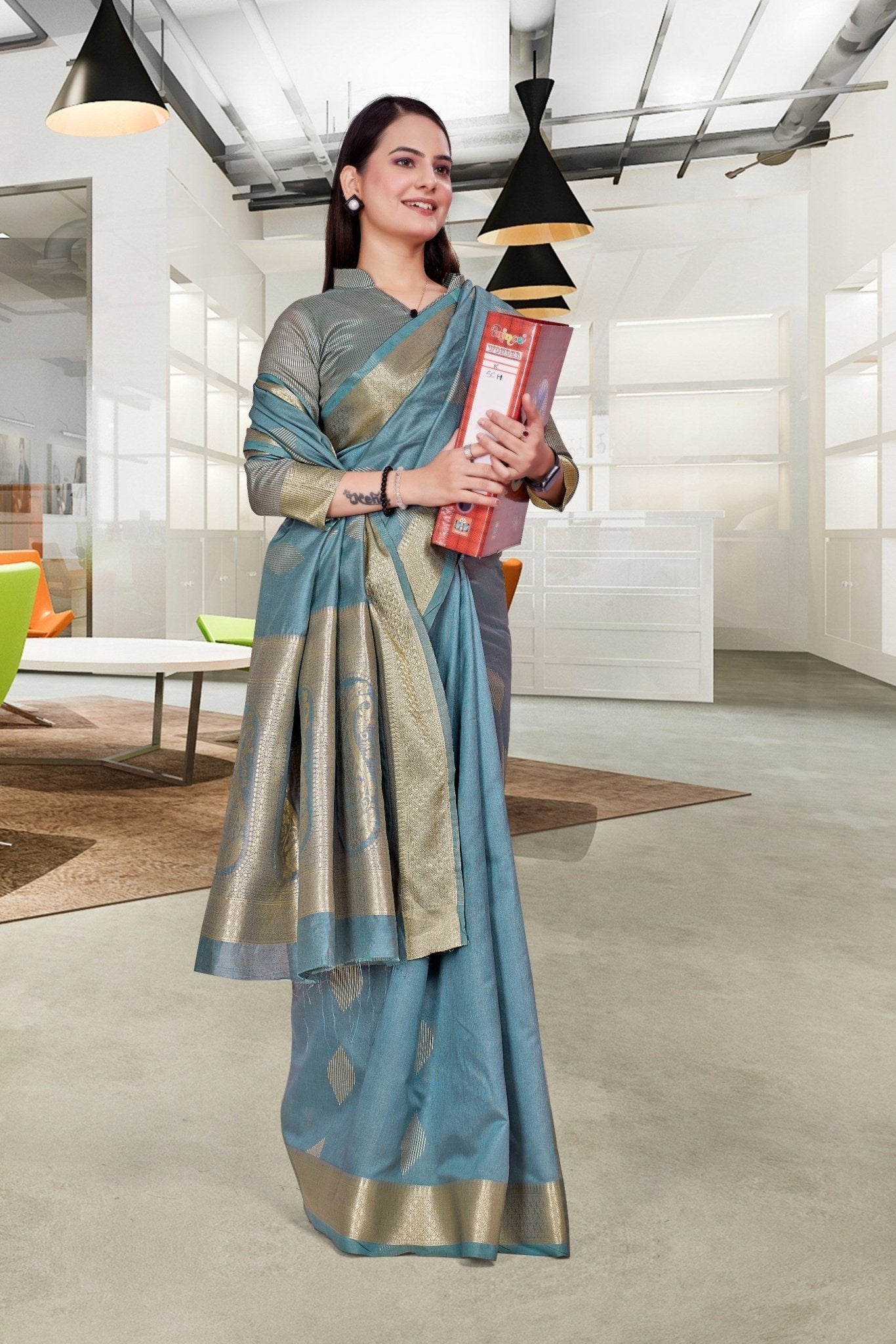 Blue Cotton Silk Workplace Uniform Saree - FeministaCotton Silk