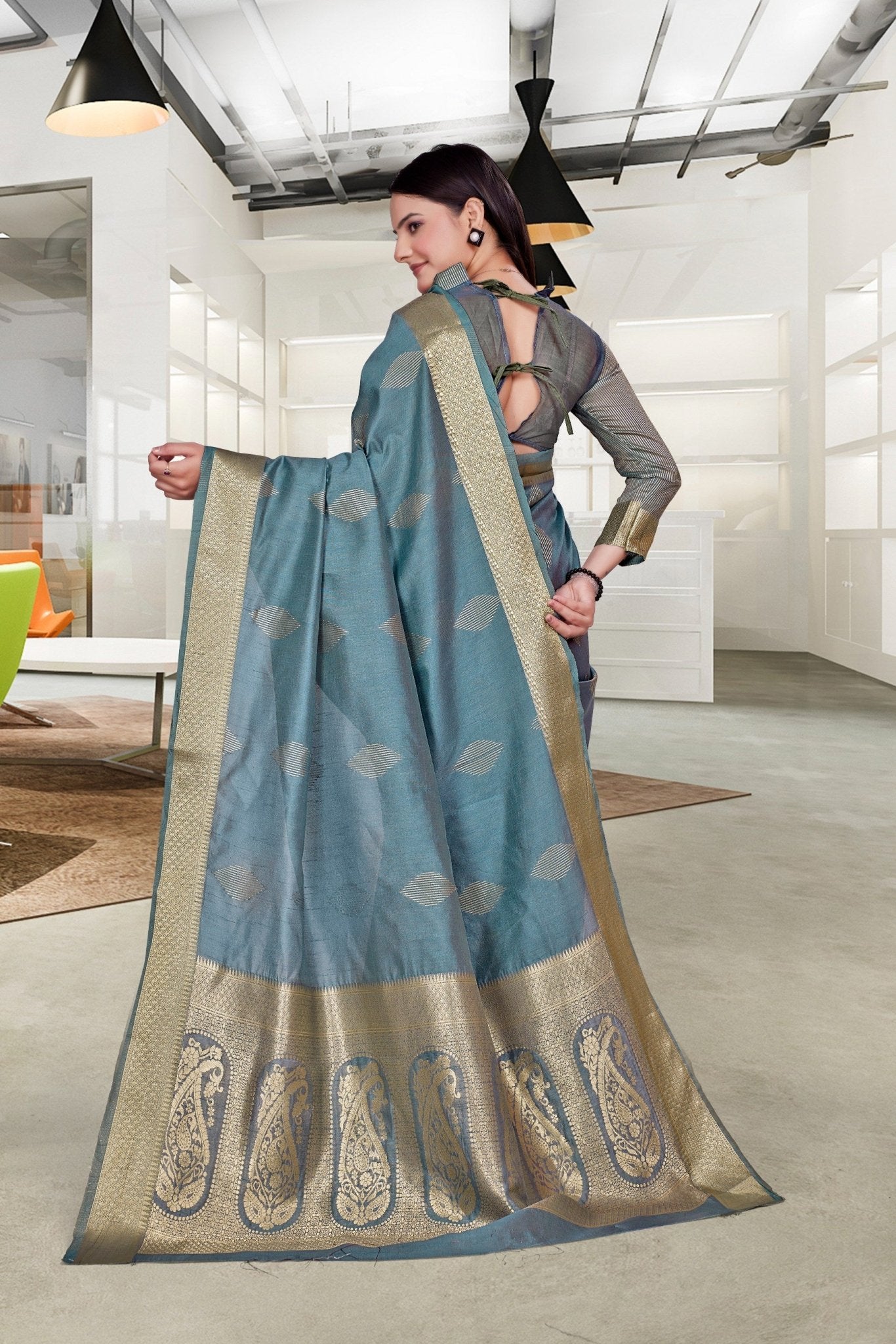 Blue Cotton Silk Workplace Uniform Saree - FeministaCotton Silk