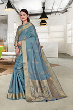 Blue Cotton Silk Workplace Uniform Saree - FeministaCotton Silk