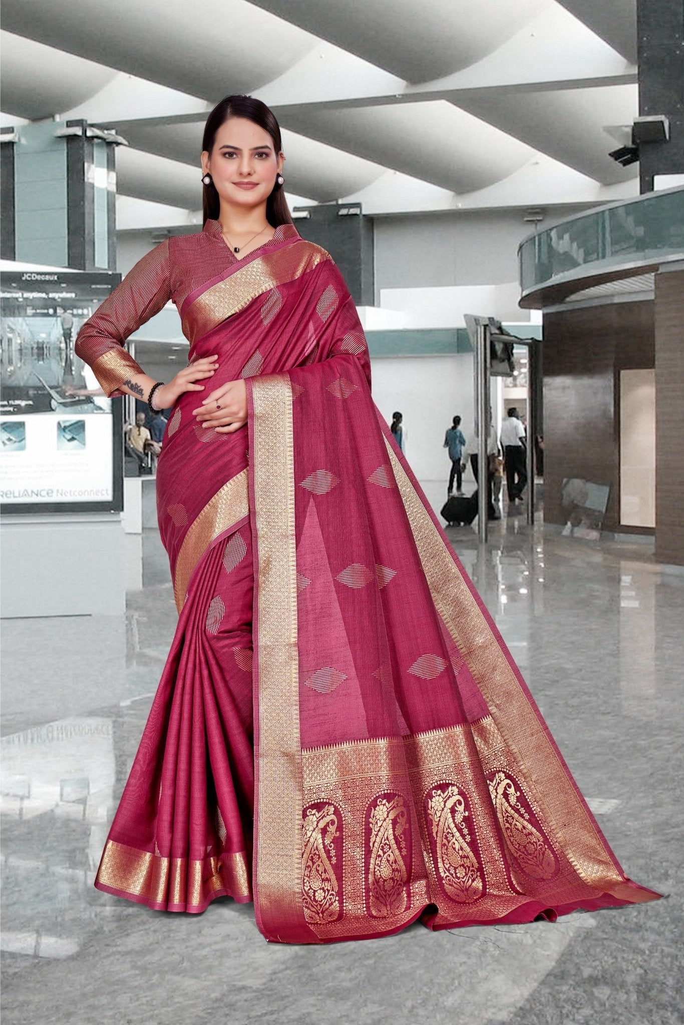 Red Cotton Silk Staff Professional Saree - FeministaCotton Silk