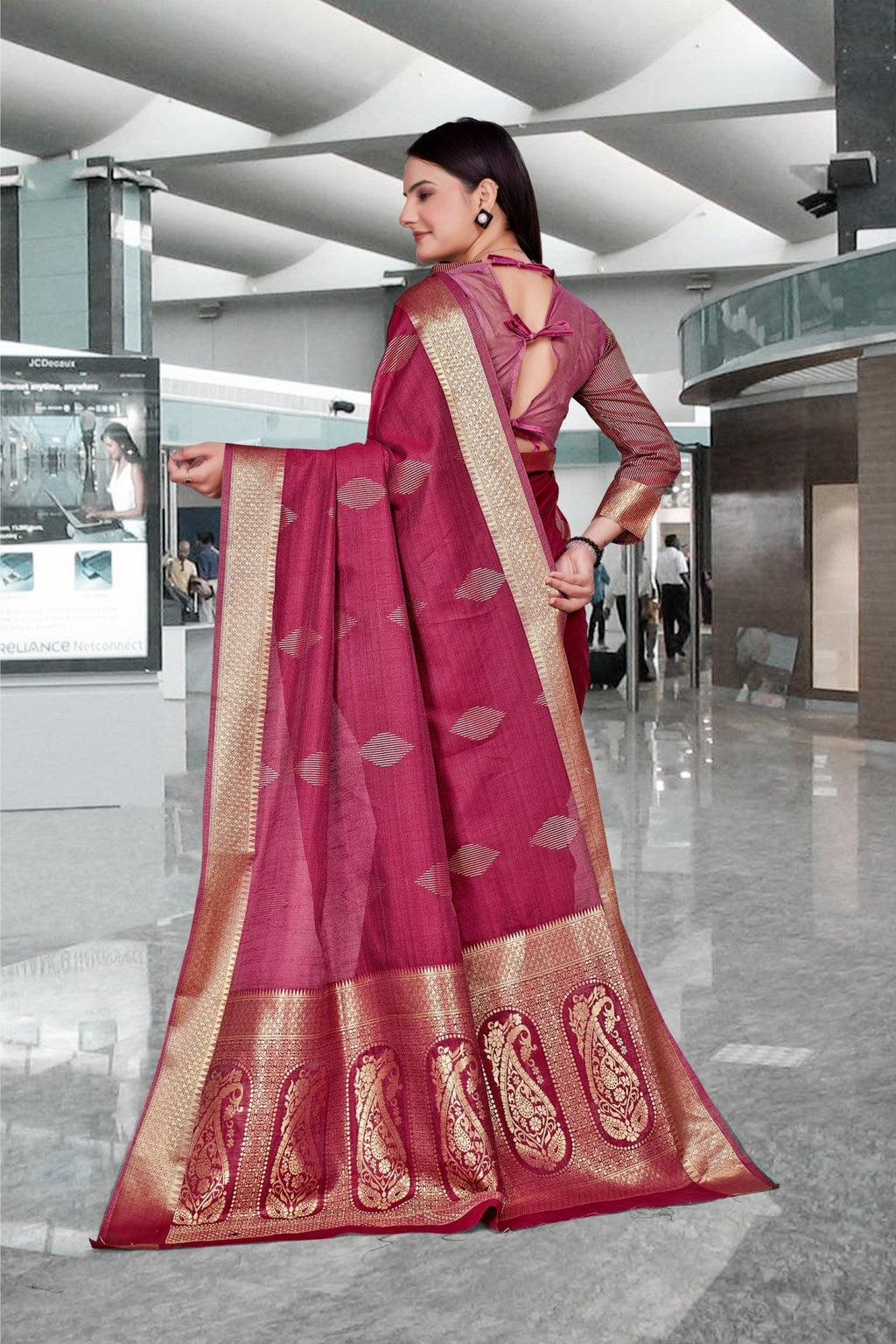 Red Cotton Silk Staff Professional Saree - FeministaCotton Silk