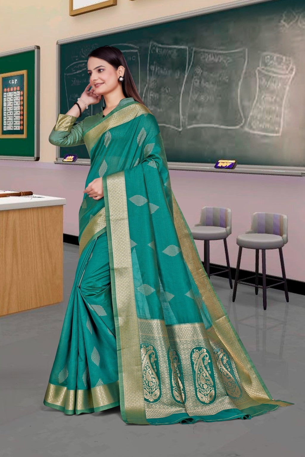 Green Cotton Silk Professional Saree for Educators - FeministaCotton Silk