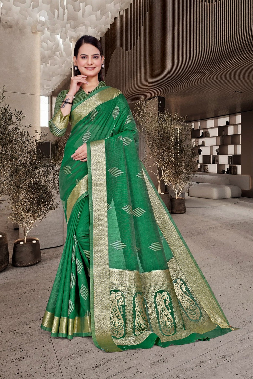 Green Cotton Silk Teacher Edition Uniform Saree - FeministaCotton Silk