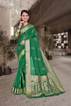Green Cotton Silk Teacher Edition Uniform Saree - FeministaCotton Silk