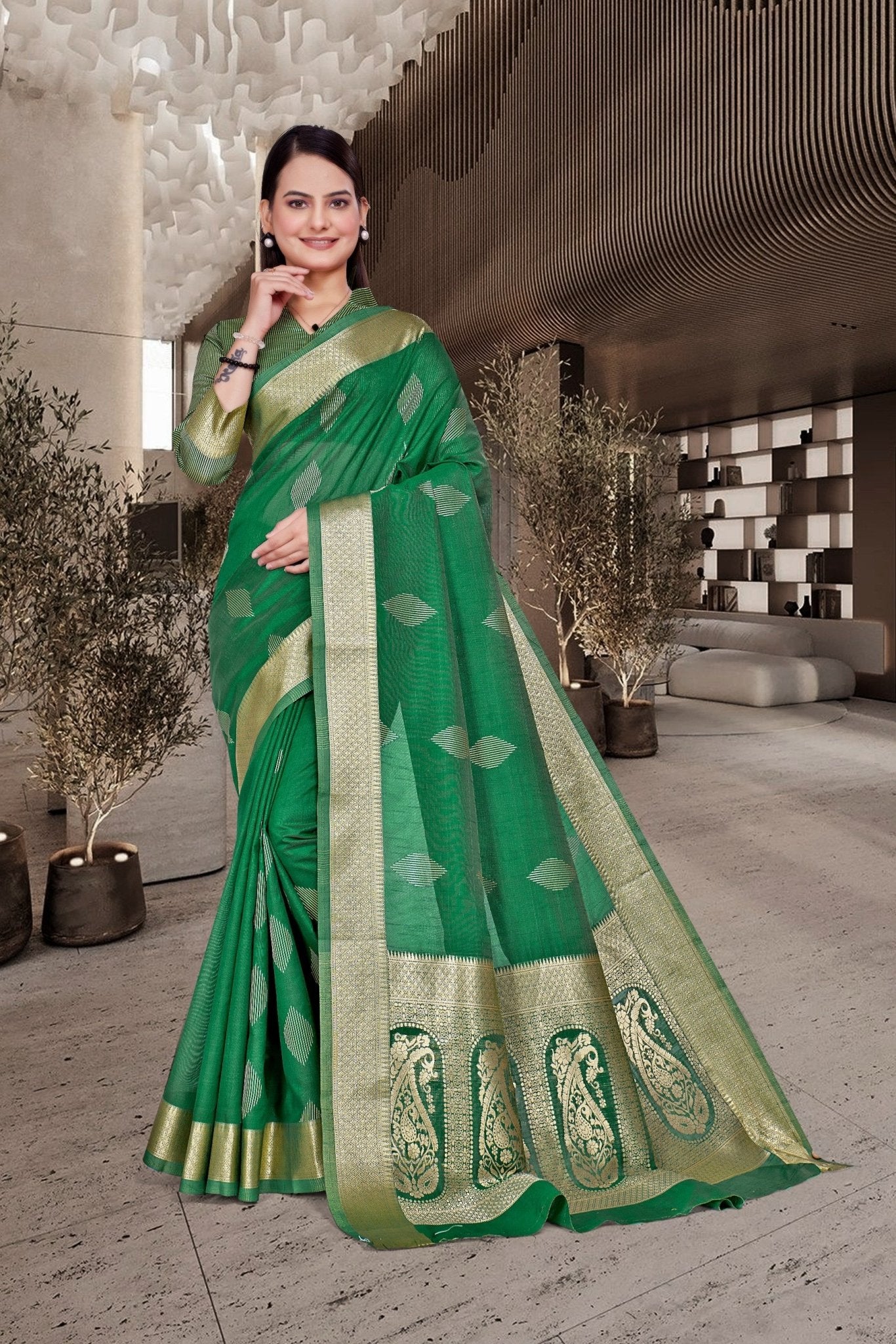 Green Cotton Silk Teacher Edition Uniform Saree - FeministaCotton Silk