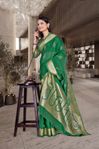 Green Cotton Silk Teacher Edition Uniform Saree - FeministaCotton Silk