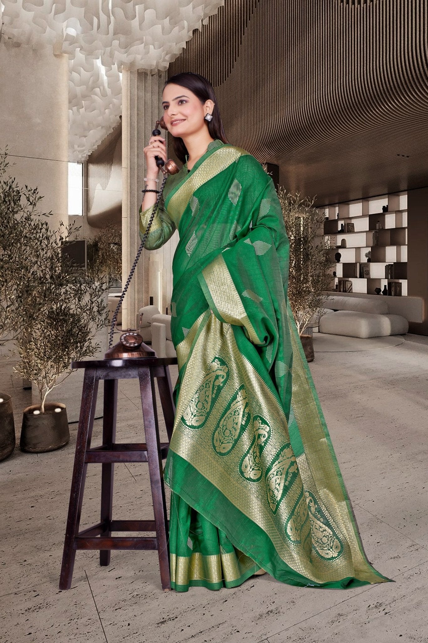 Green Cotton Silk Teacher Edition Uniform Saree - FeministaCotton Silk